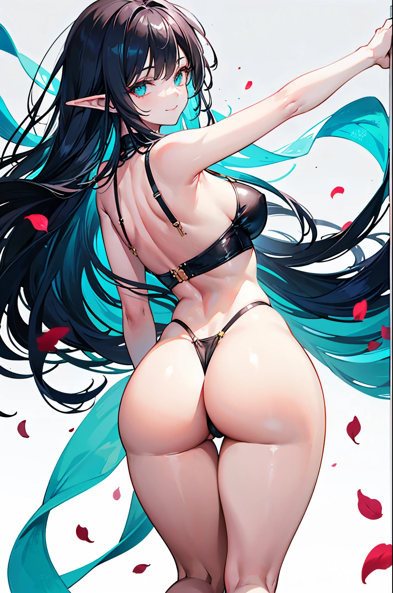 realistic image, detailed image, coherent image, 1 elf, has very long hair, black hair, turquoise eyes, smiling, showing her legs, She has a curvy body, medium breasts and thick thighs, She is posing sensually, arching her back , sprouting buttocks, full body view, flower petals falling, background surrounded by flowers, soft focus, dramatic shadows, volumetric lighting, natural lighting, artificial lighting, white background, from behind,Bitzy