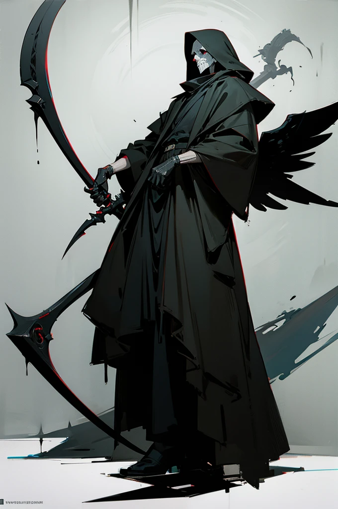 A painting of a man holding a sickle and a scythe, Scythe design, the Angel of Death, Angel of Death, Full body concept, Spooky and gloomy art style, Detailed but rough, Pure black body, detailed Full body concept, Grim Reaper Illustration, Demon Soul concept art, skeleton with extra fleshy bits, dark souls concept