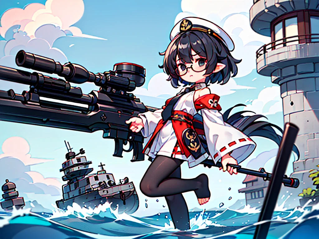 (((masterpiece, Vision))), ((((Full body of a woman with perfect flat chest、1 Female、solo、Short unkempt black hair、Tie your messy hair at the nape of your neck、white military jacket、Miko costume、black tights、Black glasses are black、White military cap、Cloudy black eyes、Confused eyes、Junyo-inspired emblem)))), (((Shipgirl))), ((Floating on the morning sea with both feet)), (Standing with your legs apart)), Aim, (Hold the shotgun turret grip with your right hand), (Four white mechanical tentacles extend from its back, each holding a turret.), (Equipped with a bridge on the back), (His left arm holds the grip of a triple machine gun),
