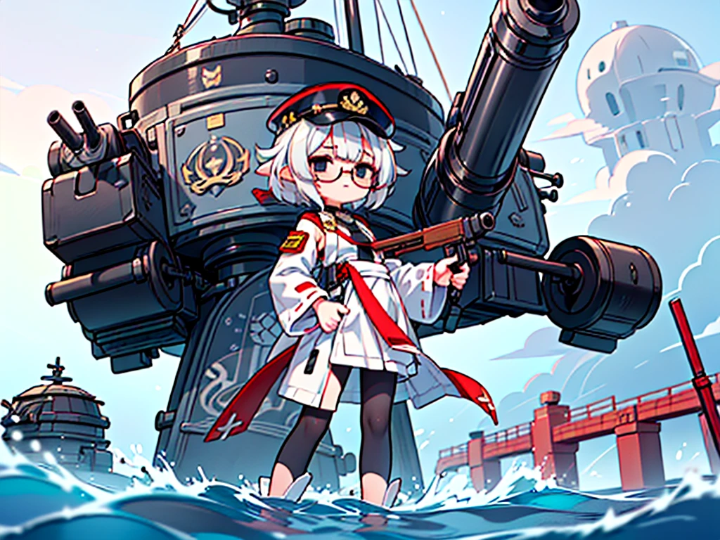 (((masterpiece, Vision))), ((((Full body of a woman with perfect flat chest、1 Female、solo、Short unkempt black hair、Tie your messy hair at the nape of your neck、white military jacket、Miko costume、black tights、Black glasses are black、White military cap、Cloudy black eyes、Confused eyes、Junyo-inspired emblem)))), (((Shipgirl))), ((Floating on the morning sea with both feet)), (Standing with your legs apart)), Aim, (Hold the shotgun turret grip with your right hand), (Four white mechanical tentacles extend from its back, each holding a turret.), (Equipped with a bridge on the back), (His left arm holds the grip of a triple machine gun),