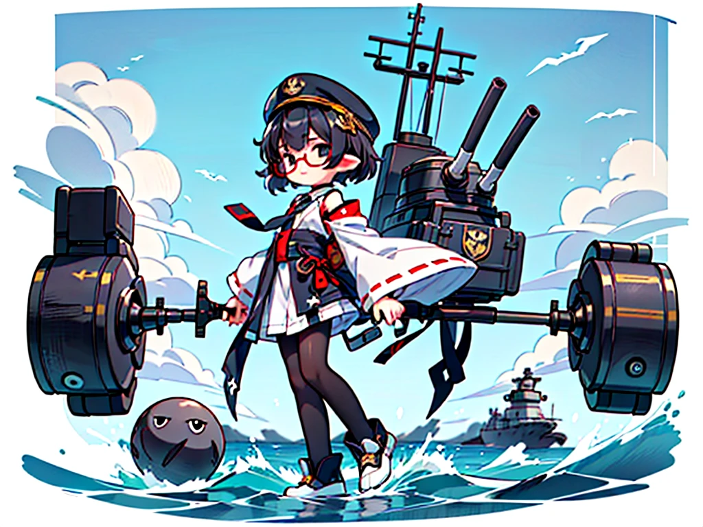 (((masterpiece, Vision))), ((((Full body of a woman with perfect flat chest、1 Female、solo、Short unkempt black hair、Tie your messy hair at the nape of your neck、white military jacket、Miko costume、black tights、Black glasses are black、White military cap、Cloudy black eyes、Confused eyes、Junyo-inspired emblem)))), (((Shipgirl))), ((Floating on the morning sea with both feet)), (Standing with your legs apart)), Aim, (Hold the shotgun turret grip with your right hand), (Four white mechanical tentacles extend from its back, each holding a turret.), (Equipped with a bridge on the back), (His left arm holds the grip of a triple machine gun),