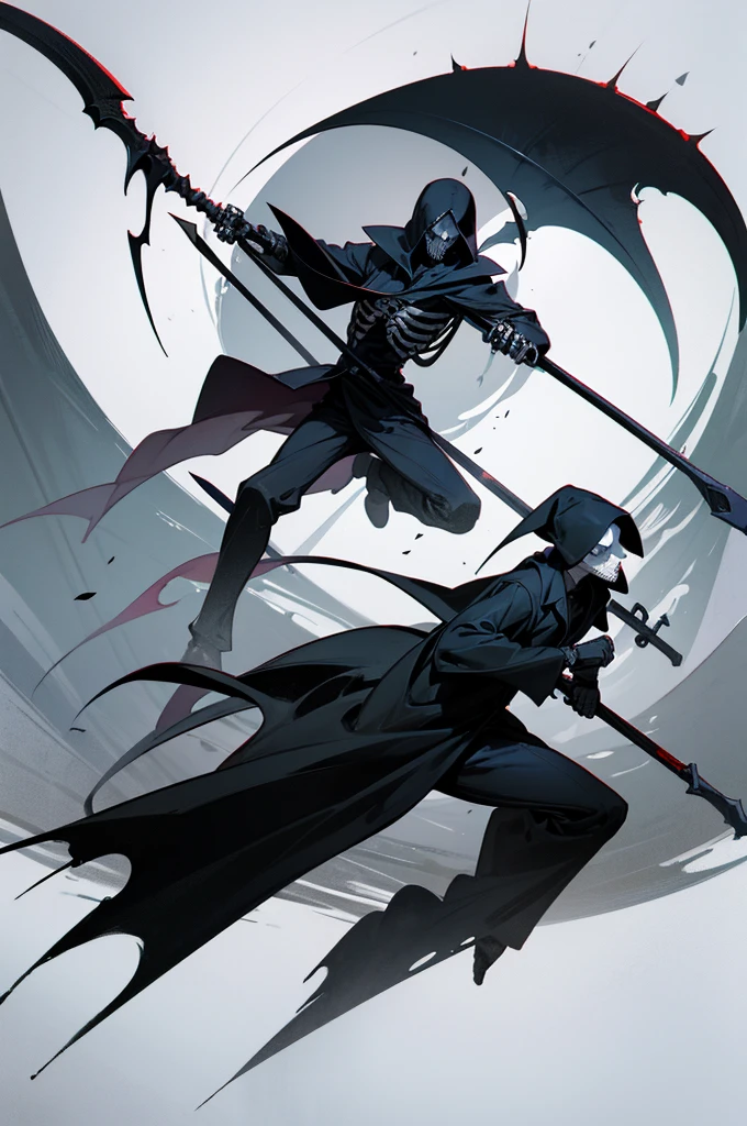 A painting of a man holding a sickle and a scythe, Scythe design, the Angel of Death, Angel of Death, Full body concept, Spooky and gloomy art style, Detailed but rough, Pure black body, detailed Full body concept, Grim Reaper Illustration, Demon Soul concept art, skeleton with extra fleshy bits, dark souls concept