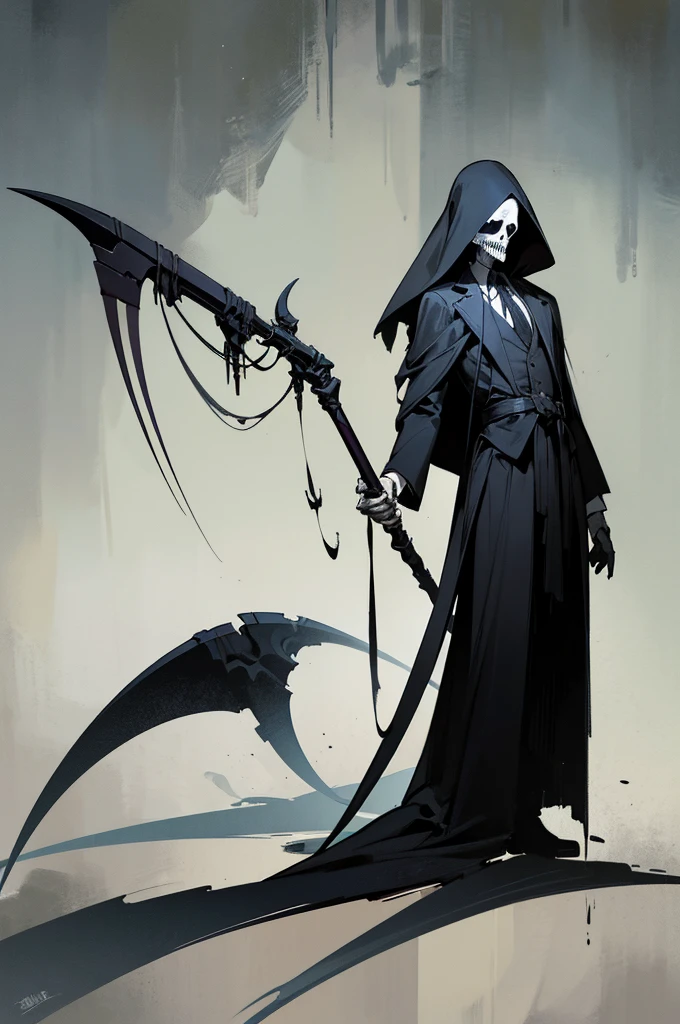 A painting of a man holding a sickle and a scythe, Scythe design, the Angel of Death, Angel of Death, Full body concept, Spooky and gloomy art style, Detailed but rough, Pure black body, detailed Full body concept, Grim Reaper Illustration, Demon Soul concept art, skeleton with extra fleshy bits, dark souls concept
