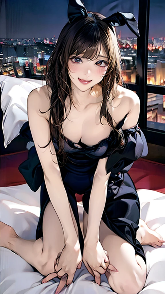 Off the shoulder,Two Women:1.2,From below,On all fours:1.5,Sexy Bunny Girl, Black clothes, hotel room with bed, Tokyo night view, hand on bed, Recall,Leg spread,M字Leg spread,orgasm,Ahegao