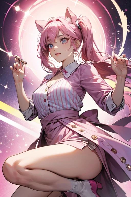 Pigella wears a sparkly pink, magenta, and white V-necked jumpsuit with a pink lining on her collar. Her hair grows longer and is tied in two pigtails, possibly resembling pig ears. Her bangs are straighter, curved, and swept aside. She has a light brilliant fuchsia skirt around her waist. On her legs she has three white stripes. The upper part of her feet are white, and the bottom is pink. She also wears a mask that is white on top, magenta in the middle, and pink on the bottom and a button with a swirly pattern on her chest. SPARKLE; GLITTER
