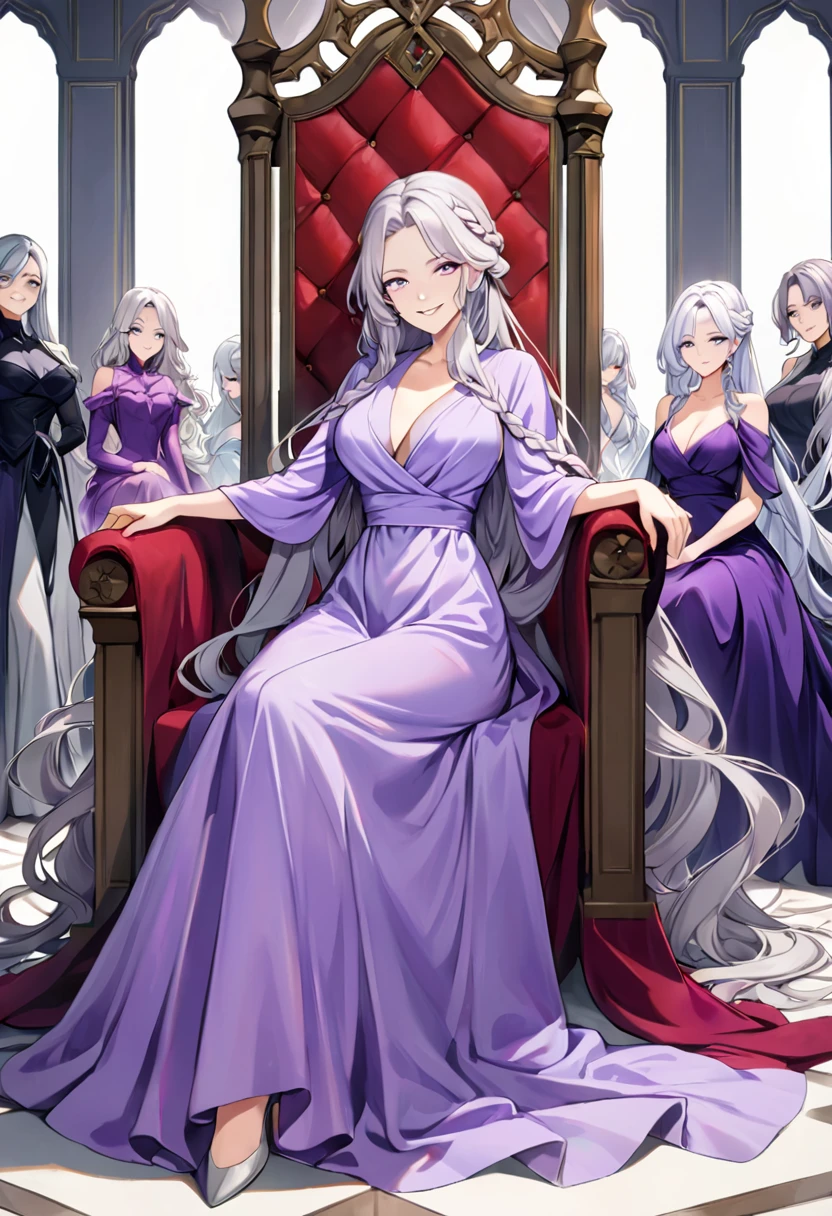 silver hair, long silver hair, flowy hair, soft purple eyes, female, large bust, long dress, lilac dress, modest dress, v neck, floor length dress, braided hair, perfect body, one person, adult, high quality, sitting, on throne, light purple eyes, all-knowing, grinning, smirk, a little devillish