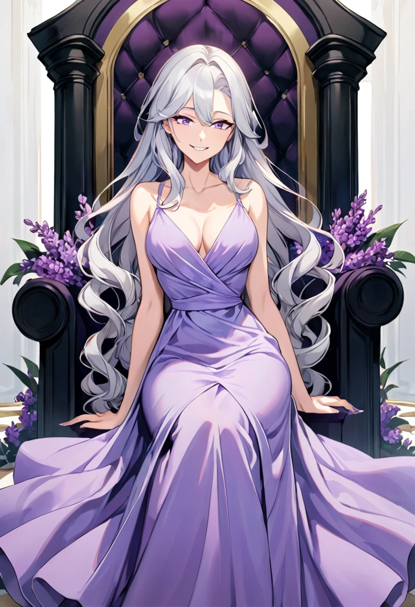 silver hair, long silver hair, flowy hair, soft purple eyes, female, large bust, long dress, lilac dress, modest dress, v neck, floor length dress, braided hair, perfect body, one person, adult, high quality, sitting, on throne, light purple eyes, all-knowing, grinning, smirk, a little devillish