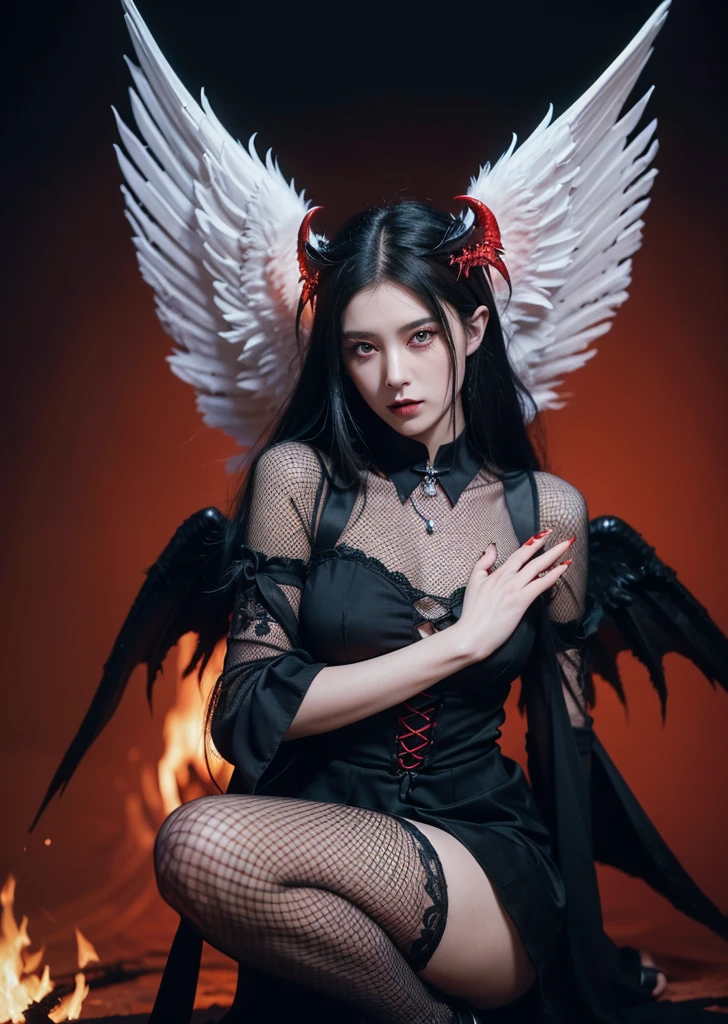 (Realisticな, photo-Realisticな:1.37),(8K, RAW Photos, Highest quality, masterpiece:1.2), Ultra-detailed, 超High resolution, Kodak Vision Color, Filmed with an Arricam LT camera,Highest quality, Lively, 8K, High resolution, 1 female, Japanese、Escape, (Professional Lighting), (Portraiture:0.6), Black Hair, (Medium Hair),23 years old、 Looks like white hair with horns (Gothic clothing is red and black) Realistic, a hyperRealistic , ((Perfect beautiful eyes)), Crazy looking condescending look ((Feet Fishnet)) pose for a photo (((The background is hell and fire))) ((Angel Wings)) (((Realistic bloody hand and bloody droplets)))、Hand holding a dagger (((No extra arms))),European Castles、Dracula's House、