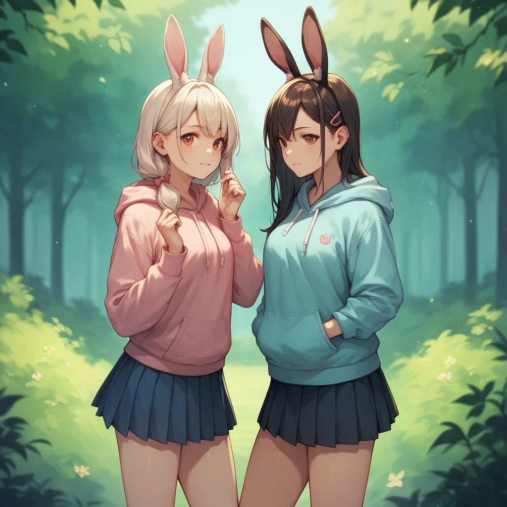 aro, Best girl, rabbit ears, hoodie, skirt, forest background
