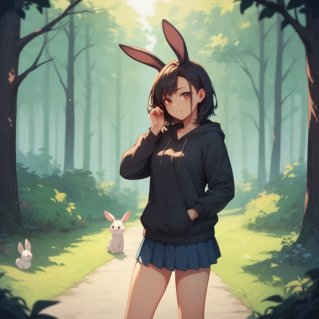 aro, Best girl, rabbit ears, hoodie, skirt, forest background