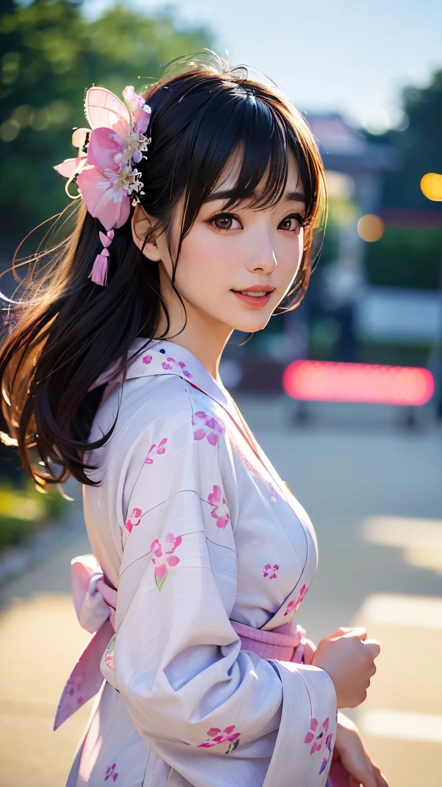(logo、masterpiece、8K、Tabletop、RAW Photos、wonderful、最high quality、フォトリアリスティックでVery detailedな CG 複合 8K 壁紙、high quality、Very detailed、Narrative poem、Particle Effects、Dynamic Effects、Depth of the Boundary、Cinematic Light、Lens flare、Ray Tracing)、 (One beautiful woman wearing a yukata、White yukata、Light purple pattern)、Black-haired、High definition skin、Very fine、Fine skin texture、Beautiful Face、True Face、Beautiful details in the eyes、Realistic eyes、Beautifully detailed eyes、Realistic Skin、Beautiful Skin、Surreal、Smiling Eyes、Hair and light eyes、vivid、Colorful lights and bokeh、plump lower lip、Pink Lips、Hair flutters in Wind、Hair bounces、wonderful景色、night、evening、Wind、moonlight、moonlight、light