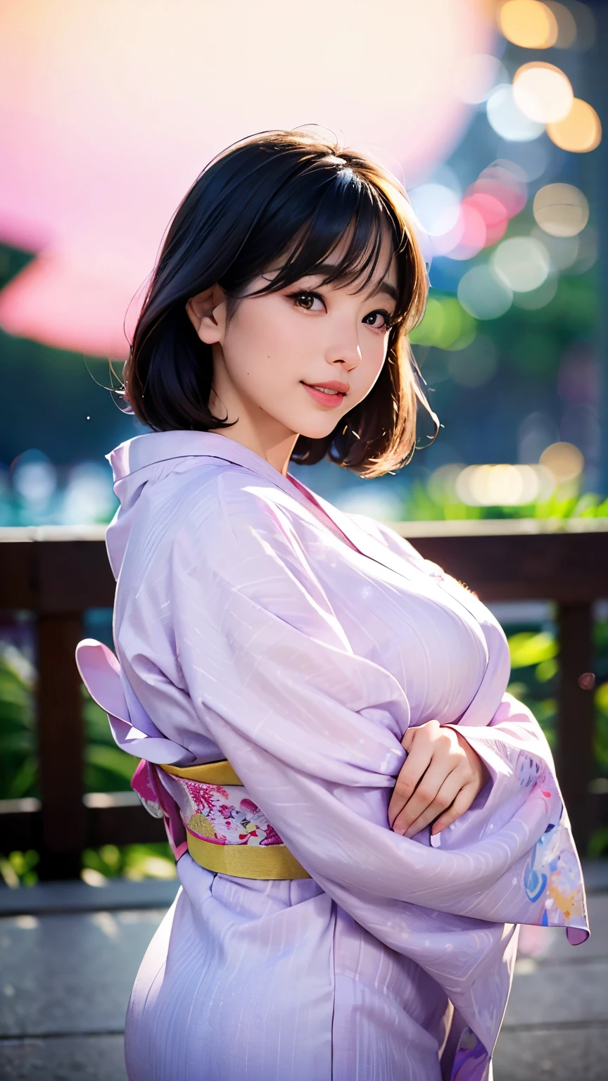 (logo、masterpiece、8K、Tabletop、RAW Photos、wonderful、最high quality、フォトリアリスティックでVery detailedな CG 複合 8K 壁紙、high quality、Very detailed、Narrative poem、Particle Effects、Dynamic Effects、Depth of the Boundary、Cinematic Light、Lens flare、Ray Tracing)、 (One beautiful woman wearing a yukata、White yukata、Light purple pattern)、Black-haired、High definition skin、Very fine、Fine skin texture、Beautiful Face、True Face、Beautiful details in the eyes、Realistic eyes、Beautifully detailed eyes、Realistic Skin、Beautiful Skin、Surreal、Smiling Eyes、Hair and light eyes、vivid、Colorful lights and bokeh、plump lower lip、Pink Lips、Hair flutters in Wind、Hair bounces、wonderful景色、night、evening、Wind、moonlight、moonlight、light