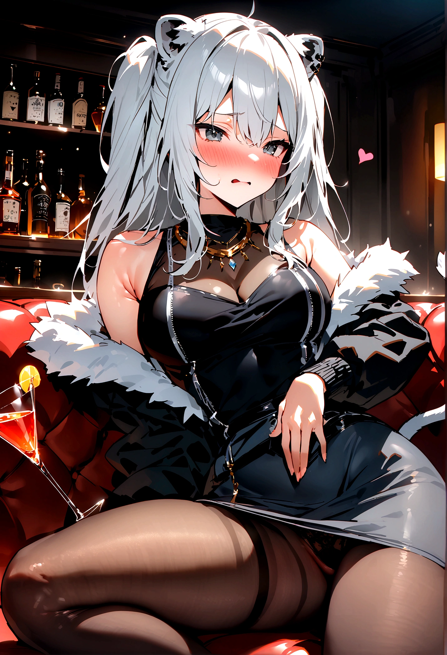 NSFW,masterpiece,Highest quality,High resolution,Super detailed,Shishirabotan\(Hololive\),Long Hair、Two Side Up、Earrings、Lion's Tail,necklace、Black Shirt、Sleeveless shirt、abdomen、See-through、Grey Skirt、片足pantyhose、pantyhose、fur-trimmed jacket、Black jacket、Off the shoulder,Black sexy panties,Embarrassed,blush,Luxurious Room,pub,Private room,sofa,Cocktail Glass,(Drunk),(Intoxication),Sitting,heart,Sexy pose,Panty shot,Nampa,From the side,(Man),Put your hands on my waist and hold me close