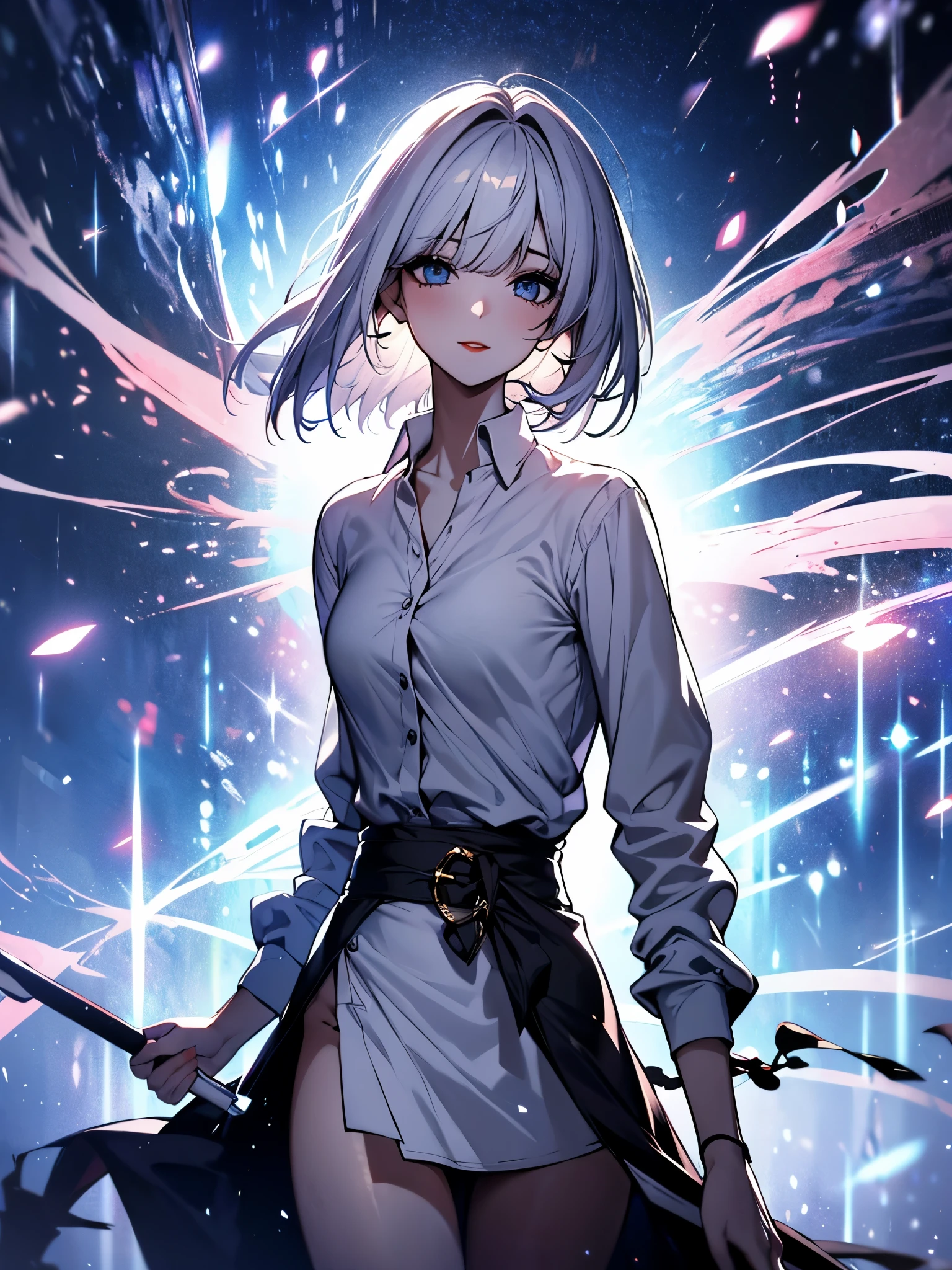 (extremely delicate and beautiful: 1.2), 1 girl, bangs straight, blue colored eyes, blur, blur background, 弓, White hair, long sideburns, low-cut button-down shirt, get away, lateral view, hair over eyes, hair 弓, latern, Light particles, long folded sleeves, look looking at the audience, short bob hair, natta, red 弓, standing alone, stele(symbol), trunk, ssmile, Red lips