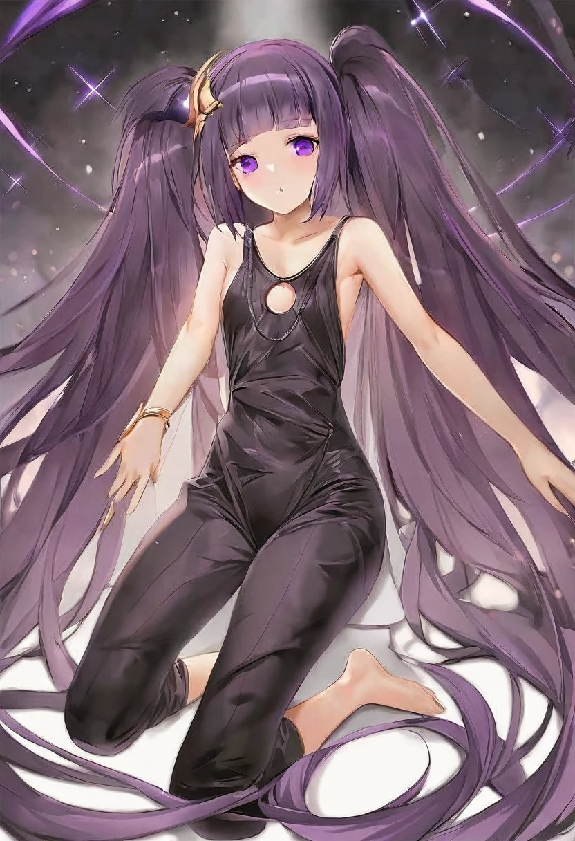 Athena，Extra long purple hair，Purple Eyes，Appearance is that of an adult female，Black one-piece dress，There are small purple and gold decorations，The long jumpsuit is very sexy，barefoot，A black hole in the background universe，Purple black hole