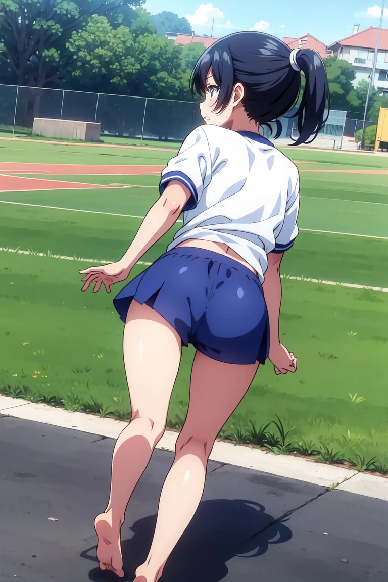 Multiple Girlsたちを直線に1列に並べ、Let it run,gym shirts,Highest quality,back view,1990s anime style,White shirt and blue bloomers,Angry expression,barefoot,Multiple Girls,体操服とブルマを着たbarefootの女子たちの集団が、I run desperately through the schoolyard.,The girls are barefoot,The girls were sweating、Running with a tired look,