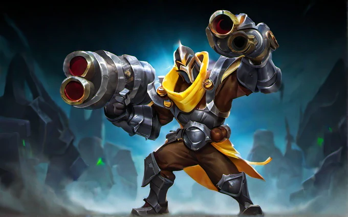 The image uses the highest resolution. magnum opus best pictures Taken to see the whole body of a League of Legends character, detailed figure, steel armor, cannon-like arms, 1 man, brown cloak. Wearing a metal muzzle, has a chew, red eyes, bright yellow, powerful, an iron tail, brown clothes, black pants, has a knife with him, walking in a dark room, in a lab, experimenting.