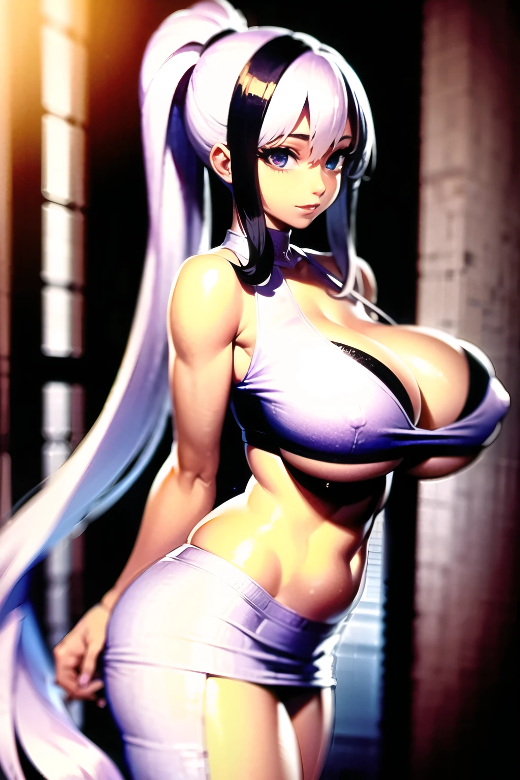 ((best qualityer)), ((work of art)), (detailded), 1 girl, White hair, super long hair, Ponytail hair, muslos grandes, big boobies, mini skirt, bra.