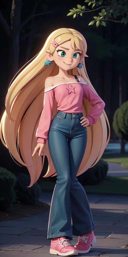 score_9, source_cartoon, 1girl, solo, Kelly Marra, looking very happy, long hair, blonde hair, cute green eyes, hair ornament, hairclip, flare blue pants(Wide flares on pants:1.2), pink shoes, white star (symbol) in the middle of the shirt, Pink off shoulder t-shirt with white long sleeves,