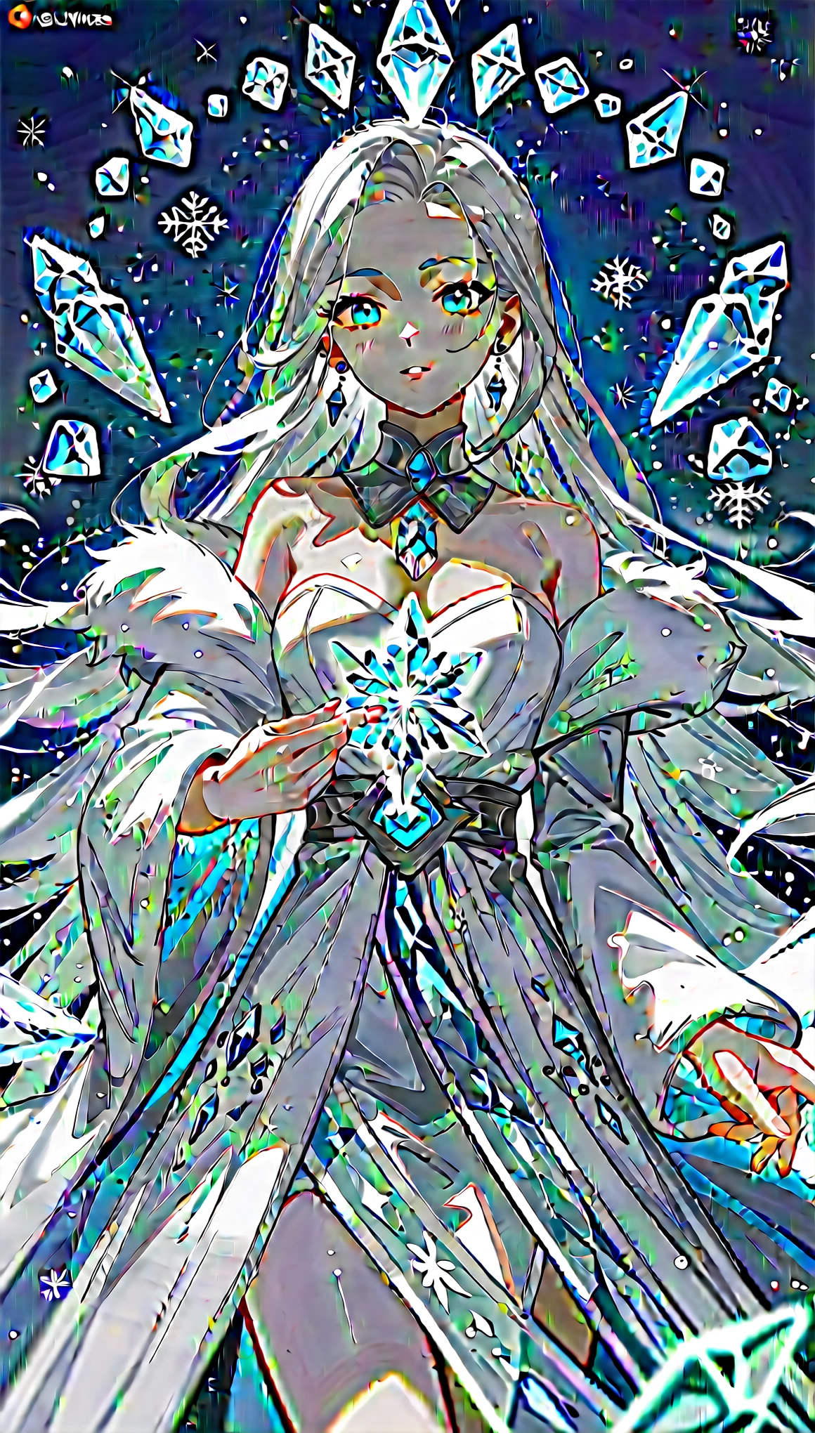 (Fraction_9,Fraction_8_Direction_7_up),1 Woman,(((bust))), Wearing a skirt,Snowflakes on skirt,Dragging ice crystals in hand,Digital Art on, White-haired deity, Ice Witch, Beautiful frost witch, Flowing Magic Robe,Ice Mage, Woman made of ice, Gu Weiss, goddess of winter, flowing white robe, White cyan,