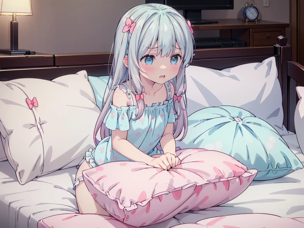 (masterpiece,best quality,best quality, masterpiece),my own, , , (适合任何Pillow背景的光影)), 穿着pink pajamas可爱女孩在Pillow上摆姿势 ,pajamas,,(很多Pillow),Soft cushion,,,,很多Pillow,,,(Pillow),(A tail),,(充满细节的Pillow),(Love around the protagonist),Steam,,(Pillow),(palace),(Palace bedroom),(Pillow),柔软的Pillow,,(Classical European style bedroom ),(excited,shy person,Lack of expressiveness,),,, ((Maximum resolution)), artwork, ,,,(Interior of the palace),,(Deluxe Rococo Canopy King Bed),在一張又大又寬敞of beds上,(),,,,Luxurious curtains with ornate ruffles and ribbons surround the bed,((((There are many pillows piled on the bed)))),Detail of Quilt,詳細of beds單,Ruffled Bed Skirt,Deep Bed,Background with depth,((详细的Pillow)), ((((大量的Pillow)))),,,详细的软Pillow,,((女孩正躺在许多柔软的Pillow上,周围有许多Pillow)),。Many small feathers fluttering、 带褶边和缎带的长裙pajamas、In a huge, Large canopy bed、Soft pink sheets and quilt、色彩鲜艳的柔软Pillow、很多带褶边的Pillow和带褶边of beds裙、Soft tones,of beds、Ruffled curtains around the bed.。Delicate face。Background with depth,(sagiri_izumi,Izumi Sagiri),grey hair, long hair, multicolored hair, blue eyes, 1girl,,,pillow humping, humping,pink pajamas