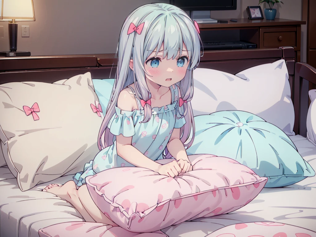 (masterpiece,best quality,best quality, masterpiece),my own, , , (适合任何Pillow背景的光影)), 穿着pink pajamas可爱女孩在Pillow上摆姿势 ,pajamas,,(很多Pillow),Soft cushion,,,,很多Pillow,,,(Pillow),(A tail),,(充满细节的Pillow),(Love around the protagonist),Steam,,(Pillow),(palace),(Palace bedroom),(Pillow),柔软的Pillow,,(Classical European style bedroom ),(excited,shy person,Lack of expressiveness,),,, ((Maximum resolution)), artwork, ,,,(Interior of the palace),,(Deluxe Rococo Canopy King Bed),在一張又大又寬敞of beds上,(),,,,Luxurious curtains with ornate ruffles and ribbons surround the bed,((((There are many pillows piled on the bed)))),Detail of Quilt,詳細of beds單,Ruffled Bed Skirt,Deep Bed,Background with depth,((详细的Pillow)), ((((大量的Pillow)))),,,详细的软Pillow,,((女孩正躺在许多柔软的Pillow上,周围有许多Pillow)),。Many small feathers fluttering、 带褶边和缎带的长裙pajamas、In a huge, Large canopy bed、Soft pink sheets and quilt、色彩鲜艳的柔软Pillow、很多带褶边的Pillow和带褶边of beds裙、Soft tones,of beds、Ruffled curtains around the bed.。Delicate face。Background with depth,(sagiri_izumi,Izumi Sagiri),grey hair, long hair, multicolored hair, blue eyes, 1girl,,,pillow humping, humping,pink pajamas