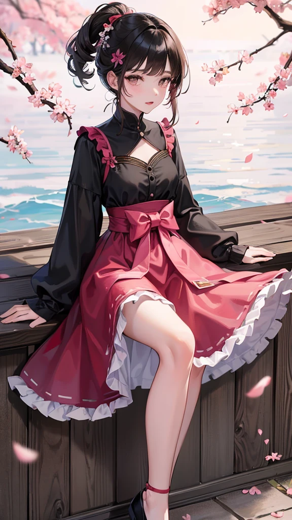 beautiful girl, short black hair, pink dress, falling cherry blossoms,  