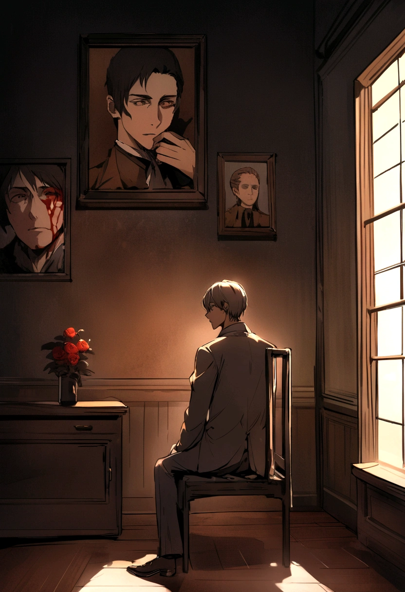 Brown man alone in a dark room, sitting in a chair where the light is only directed at him , with bloodstained pictures