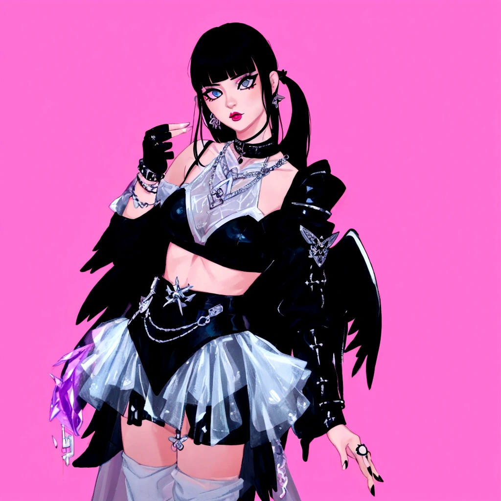 arafed image of a woman in a black outfit  imvu, as a mystical valkyrie, villainess has black angel wings, second life avatar, inspired by Sim Sa-jeong, upper body avatar, goth girl aesthetic, she has black hair with bangs, portrait of jossi of blackpink