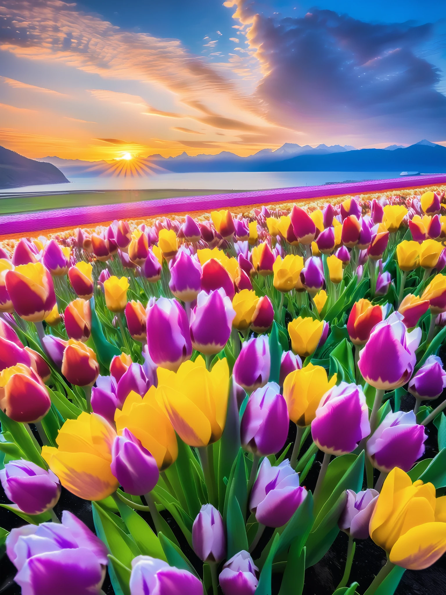 Tulips in the summer，The blue and yellow flowers are more vivid under the sunlight.，A huge heart-shaped cloud in the sky provided the perfect backdrop for the sea of flowers。The scene is a tulip field，The flowers appear blue and yellow under the sunlight，The heart-shaped clouds add a touch of fantasy to the sky。The picture conveys a bright、Dreamy and joyful mood，The colors of the tulips and the romance of the heart-shaped clouds complement each other。Authentic photography style，Using the Canon EOS R6 camera，With 16-35mm f//2.8 lenses，Use a wide-angle lens to capture the panoramic view of the sea of flowers，Set Aperture Priority Mode，Aperture f/11，ISO 100，Shutter speed adjusted according to light，Record the beauty of the tulip sea