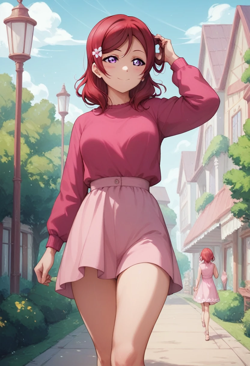 masterpiece, best quality, highres, nishikino maki,purple eyes,red hair, sexy, pink summer dress,llchar,love live, breasts apart , walking, thighs,long sleeves , one hand on hair