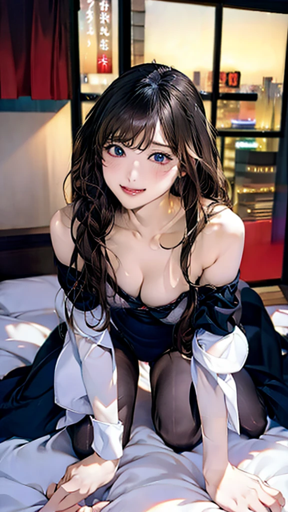 Off the shoulder,Cleavage,Two Women:1.2,From below,On all fours:1.5,Sexy Bunny Girl, Black clothes, hotel room with bed, Tokyo night view, hand on bed, Recall,Leg spread,M字Leg spread,orgasm,Ahegao