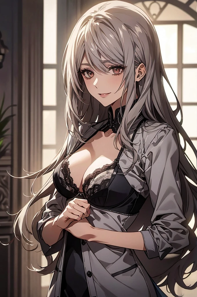(Highest quality, High resolution, Very detailed), 1 female, Silver Hair, Long Hair, Reddish brown eyes, suit, Formal Wear, lace bra, Take off your jacket, Shoulder, 20th generation, Beautiful woman, A shy smile, quiet, Calm, venue