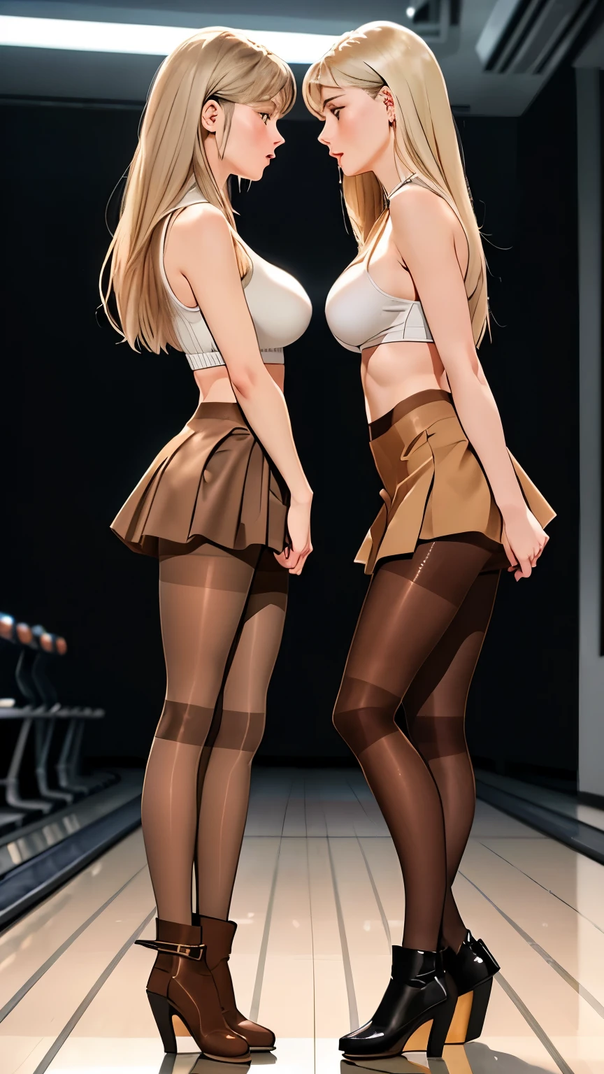 (2 girls:1.3), (models), perfect body, fit body, (huge breasts:1.3), (brown pantyhose:1.4), low denier, (emphasis on legs and feet:1.3), (low wedge heel booties:1.1), long straight platinum-blonde hair, (miniskirts), (small hips:1.1), small butt, (thin:1.1), skinny girl, fit, short, athletic, backdrop of a bowling alley, masterpiece, studio lighting, 8k, HDR, amazing details, hyper-realistic, photorealistic, beautiful face, highly attractive, (they are facing each other and talking:1.4), (show entire body), (they notice the viewer:1.1)
