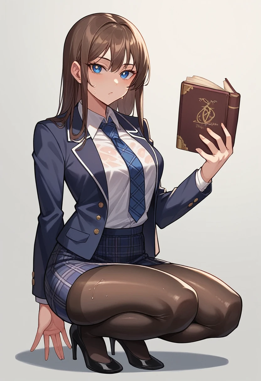 1girl, ((Blue Eyes)), Seductive face, small hips, thin, Clear Focus: 1.2, Perfect Body Beauty : 1.4, Slender Abs: 1.2, Wet Body: 1.5, Highly detailed face and skin texture, detailed eyes, double eyelids, long_brown_hair, long legs, pantyhose, Blazer uniform_brown, school shirt, plaid_skirt, tie_black, must wear black pantyhose tights: 1.8, squatting, holding books, pointy christian louboutin high heels