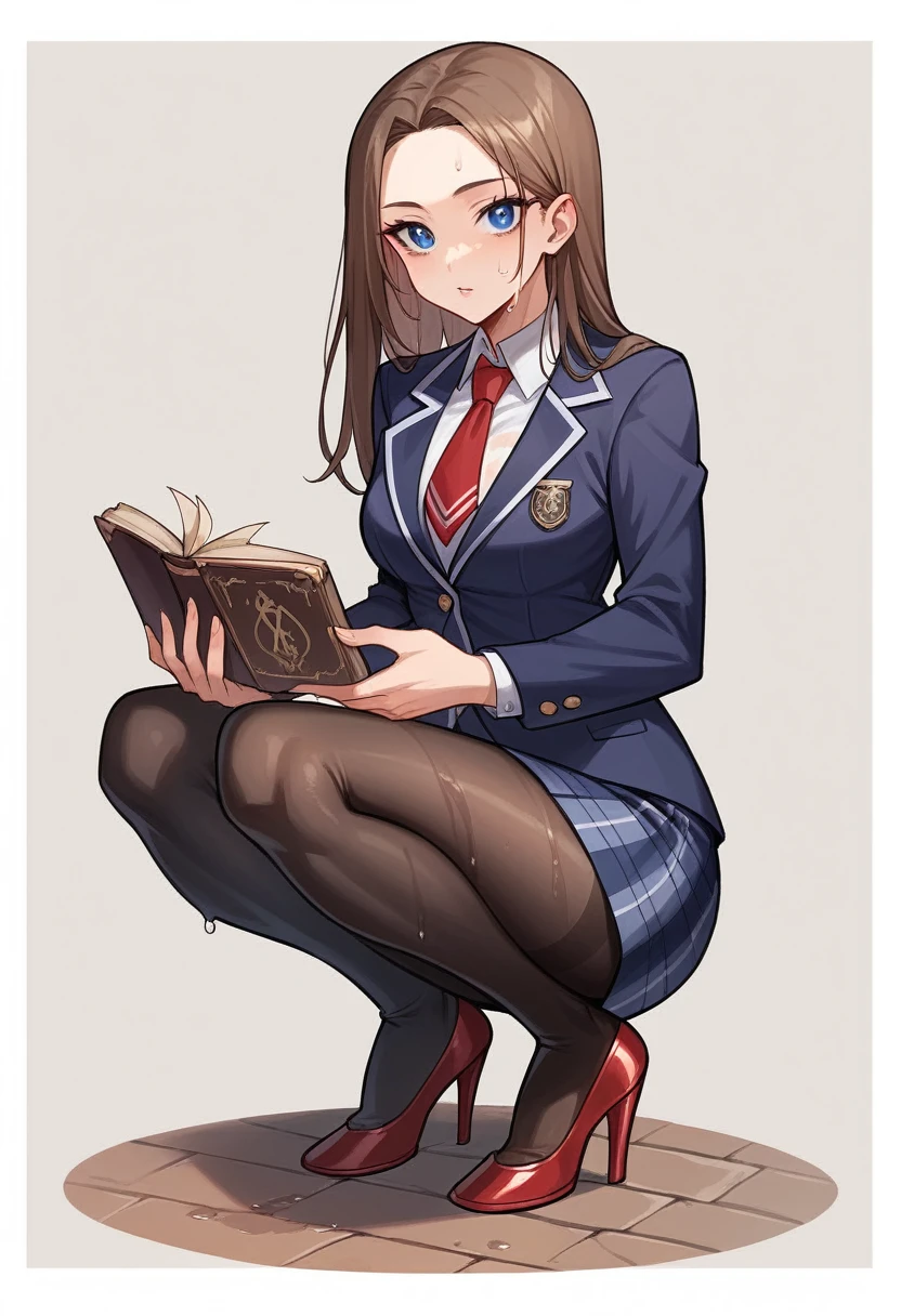 1girl, ((Blue Eyes)), Seductive face, small hips, thin, Clear Focus: 1.2, Perfect Body Beauty : 1.4, Slender Abs: 1.2, Wet Body: 1.5, Highly detailed face and skin texture, detailed eyes, double eyelids, long_brown_hair, long legs, pantyhose, Blazer uniform_brown, school shirt, plaid_skirt, tie_black, must wear black pantyhose tights: 1.8, squatting, holding books, pointy christian louboutin high heels
