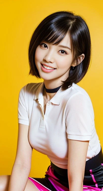 (A Gorgeous American-Chinese Lady, age 27, Tight Thin White Polo-Shirt & Pink Pencil Skirt, BlackPink Choker, natural pose, dimpled smile, short_bob_hair_side_bangs, cute snaggletooth, well-endowed round bosom, photorealistic, Hello_Kitty_Cuteness, beautiful detailed eyes, hyper-realism, high contrast, ultra HD, realistic skin textures, top image quality, top-quality, super high resolution, fine details, very meticulously, head_to_knees, High_Angle_Shot, simple yellow background)