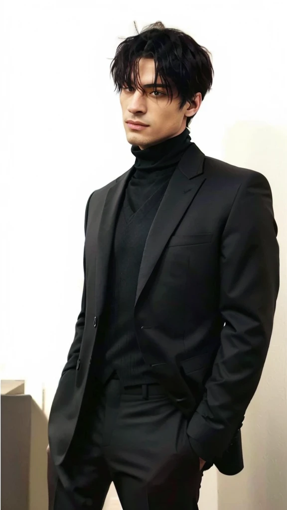 arafed image of a man in a suit and tie standing, wearing a turtleneck and jacket, wearing turtleneck, black turtleneck, full body and head, man in black, man in black suit, dark suit, wearing a black noble suit, he is wearing a black, he is wearing a suit, black suit, neo from matrix