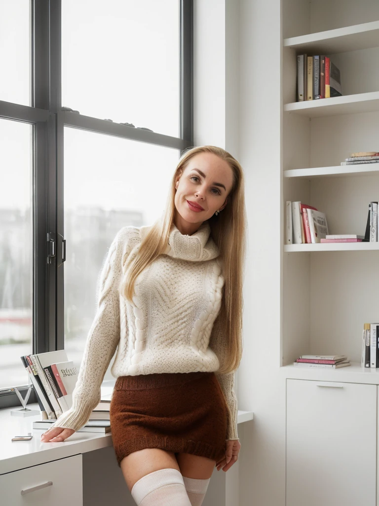1 girl, (((Gretchen Barretto))), photorealistic photo of Gretchen Barretto, photo of a Swedish woman, cleavage, (((full lips and wide forehead))), middle age, (((Blonde long straight hair))), (((50-year-old woman))), body of 45-year-old woman, (((wrinkles on her face and body))), (((she is dressed in a tight fluffy woolen sweater, tight miniskirt, white knee high socks,))), (((dynamic pose))), she is looking at the camera smiling, (((she seductively stands in her modern study room, surrounded by sleek, minimalist furniture. The room is bathed in natural light streaming through large windows, emphasizing the clean lines and neutral tones of the decor. A spacious desk occupies one corner, clutter-free except for a laptop and a few carefully arranged books. The walls are adorned with abstract artwork or shelves displaying a collection of thoughtfully chosen items. The atmosphere is serene, fostering concentration and creativity, making it an ideal space for focused work or peaceful contemplation))), she is looking at the camera smiling, (((butt out)))