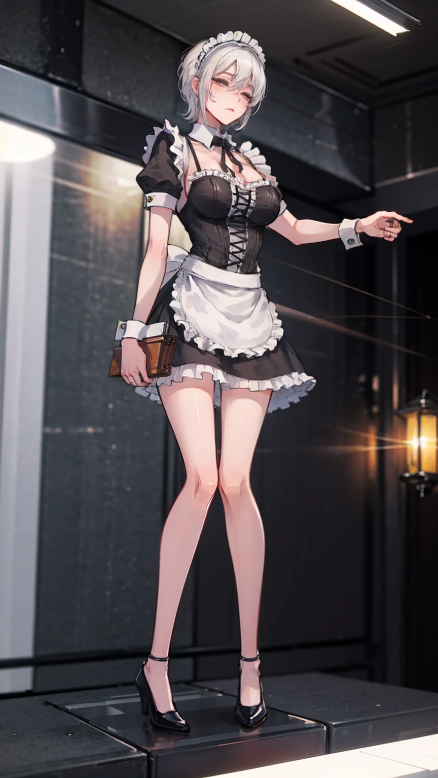White hair , short hair, pinched eyes, (big-:1.5) , Thin legs, thin body, leather collar, Maid outfit victorian, dynamic pose, full body, View from below, wide hips, kneeling