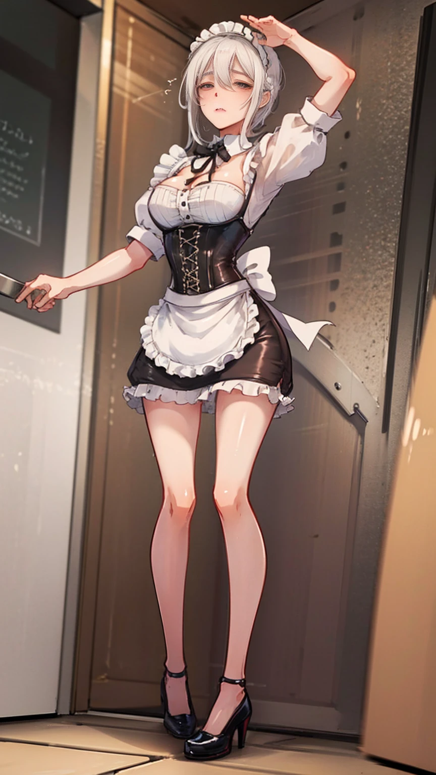 White hair , short hair, pinched eyes, (big-:1.5) , Thin legs, thin body, leather collar, Maid outfit victorian, dynamic pose, full body, View from below, wide hips, kneeling