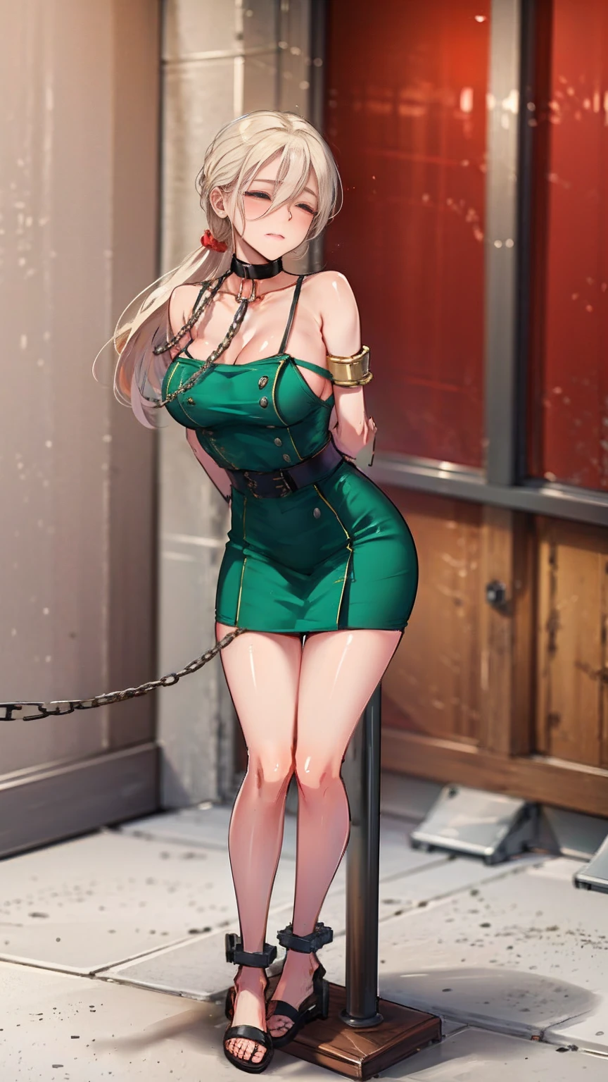 (masterpiece, best quality), intricate details, 1girl, Cammy White from Street Fighter (standing full body toe to head by wooden pole:1.2) iron collar, arms behind back, iron cuffs, shackles, bound, bondage outfit, harness, o-ring, bondage outfit blindfolded cover eyes, happy red cheeks, chain leash collar choker neck bell shackles wristbands bracers bracelets, cleave gag