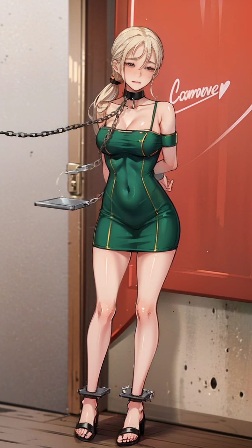 (masterpiece, best quality), intricate details, 1girl, Cammy White from Street Fighter (standing full body toe to head by wooden pole:1.2) iron collar, arms behind back, iron cuffs, shackles, bound, bondage outfit, harness, o-ring, bondage outfit blindfolded cover eyes, happy red cheeks, chain leash collar choker neck bell shackles wristbands bracers bracelets, cleave gag