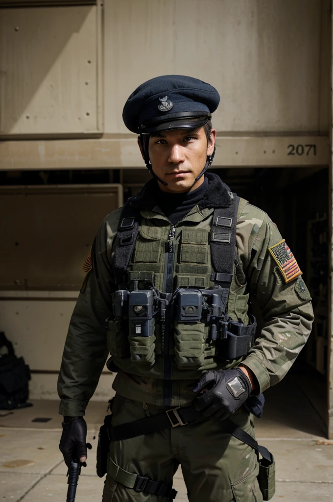 a cat soldier, special forces, well armed, USA, sniper, helmet with northern vision, pointing ahead, behind him all his companions, air force, United States Army, United States Navy, Navy Seals, beret green,