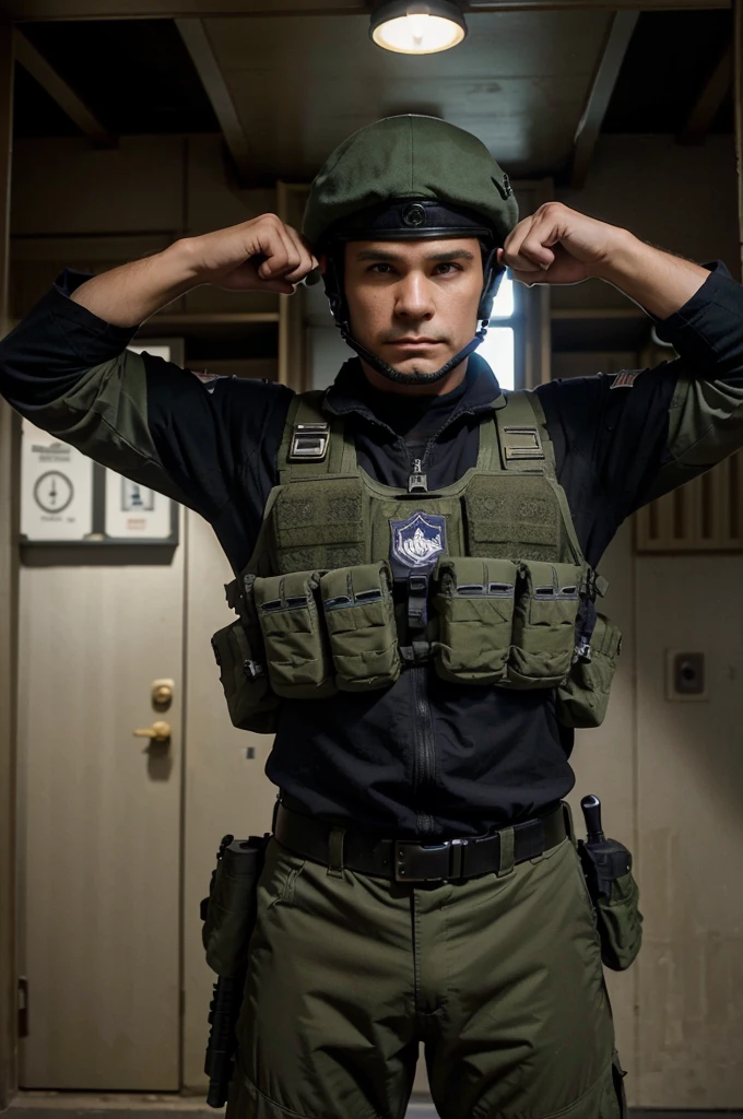 a cat soldier, special forces, well armed, USA, sniper, helmet with northern vision, pointing ahead, behind him all his companions, air force, United States Army, United States Navy, Navy Seals, beret green,