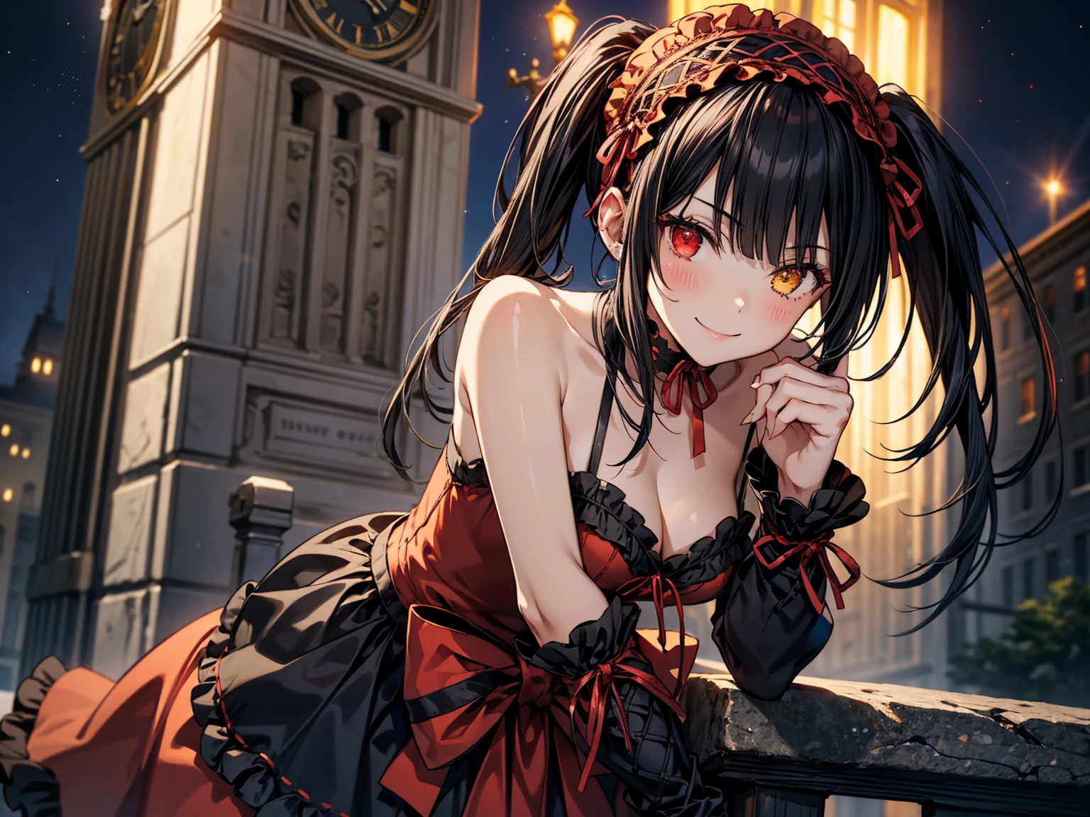 Very detailed, highest quality, masterpiece, gravure body type, medium breasts, moody angle, cowboy shot,( 1girl, solo:1.5), aakurumi, long hair, twintails, hairband, heterochromia, medium breasts, cleavage, black choker, red ribbon, bare shoulders, gothic, red dress, red bow, detached sleeves, very detailed background, outdoors, smile, Confident posture, night, city,( Clock tower in the background), leaning forward, wind