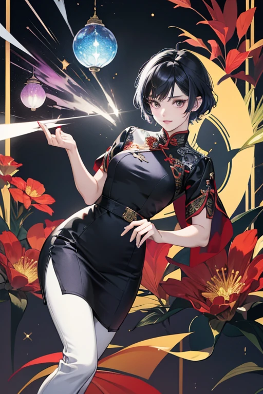 Sabine is a short woman with fair skin, short black hair with blue highlights and gray eyes.

Sabine wears a white Cheongsam with a red, black and gold plant design, periwinkle pants and black and white dress shoes. She wears a silver band on her ring finger. SPARKLE; GLITTER