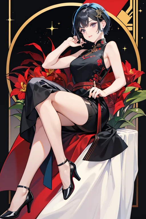 Sabine is a short woman with fair skin, short black hair with blue highlights and gray eyes.

Sabine wears a white Cheongsam with a red, black and gold plant design, periwinkle pants and black and white dress shoes. She wears a silver band on her ring finger. SPARKLE; GLITTER