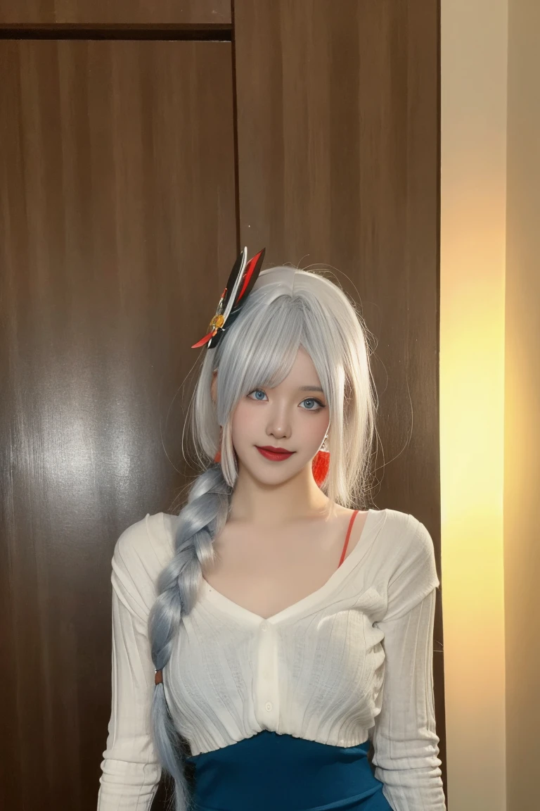 best quality, tmasterpiece,Ultra-high resolution,Clear face,(Reality:1.4),ferpect lighting,(upper body), (photorealistic:1.50), anime wallpaper, Guviz style artwork, cover-up fantasy up to magic , by Yang J, Guviz, beautiful artwork illustration, beautiful digital artwork, beautiful digital illustration, Li Song, beautiful anime portrait, art style in Beauvot, 1girl, 独奏, bangs, One braid hair, (white hair), Hair covers one eye, hair ornament, Earring, Blush, red cheeks, blue eyes, Double eyelids, Long sleeve white t-shirt, Bare shoulders, (super Giant breast:1.5), (shagging breasts:1.3), Short pencil skirt, Black skirt, standing, room, Background inside the house, looking at viwer, smile, Slim body, Arms behind back,