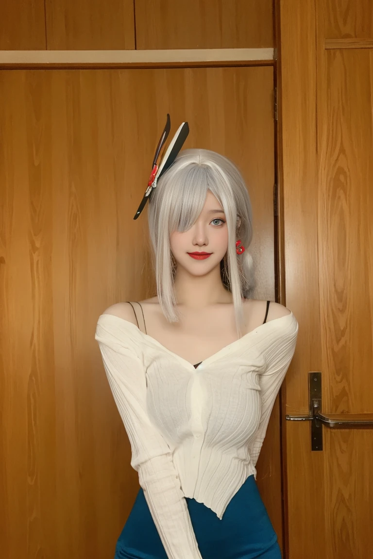 best quality, tmasterpiece,Ultra-high resolution,Clear face,(Reality:1.4),ferpect lighting,(upper body), (photorealistic:1.50), anime wallpaper, Guviz style artwork, cover-up fantasy up to magic , by Yang J, Guviz, beautiful artwork illustration, beautiful digital artwork, beautiful digital illustration, Li Song, beautiful anime portrait, art style in Beauvot, 1girl, 独奏, bangs, One braid hair, (white hair), Hair covers one eye, hair ornament, Earring, Blush, red cheeks, blue eyes, Double eyelids, Long sleeve white t-shirt, Bare shoulders, (super Giant breast:1.5), (shagging breasts:1.3), Short pencil skirt, Black skirt, standing, room, Background inside the house, looking at viwer, smile, Slim body, Arms behind back,